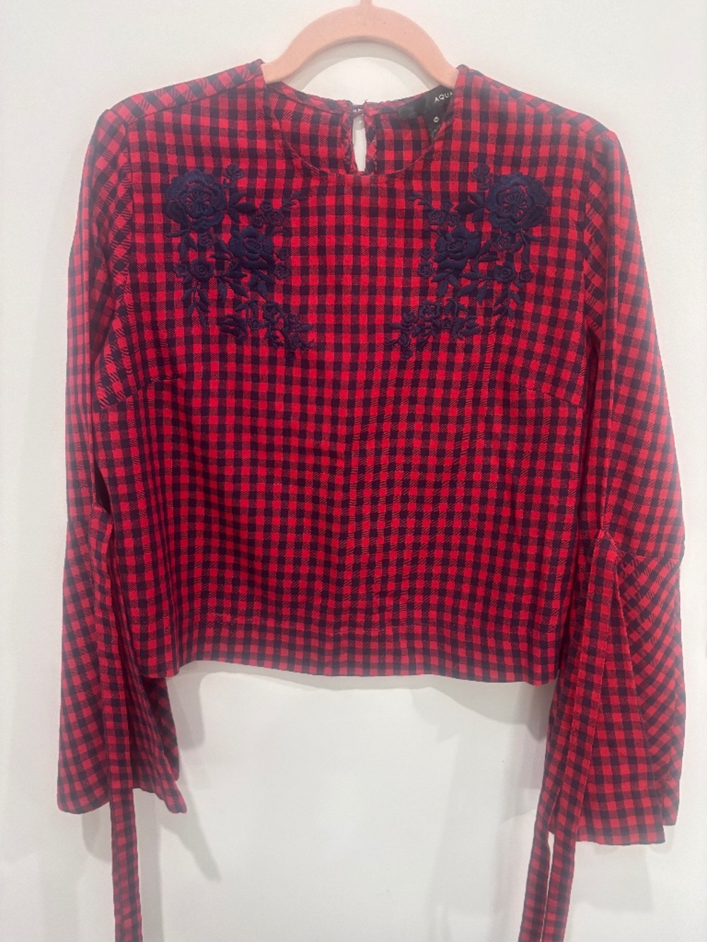Aqua Red Navy Gingham Check Embroidered Blouse Medium 100% Cotton